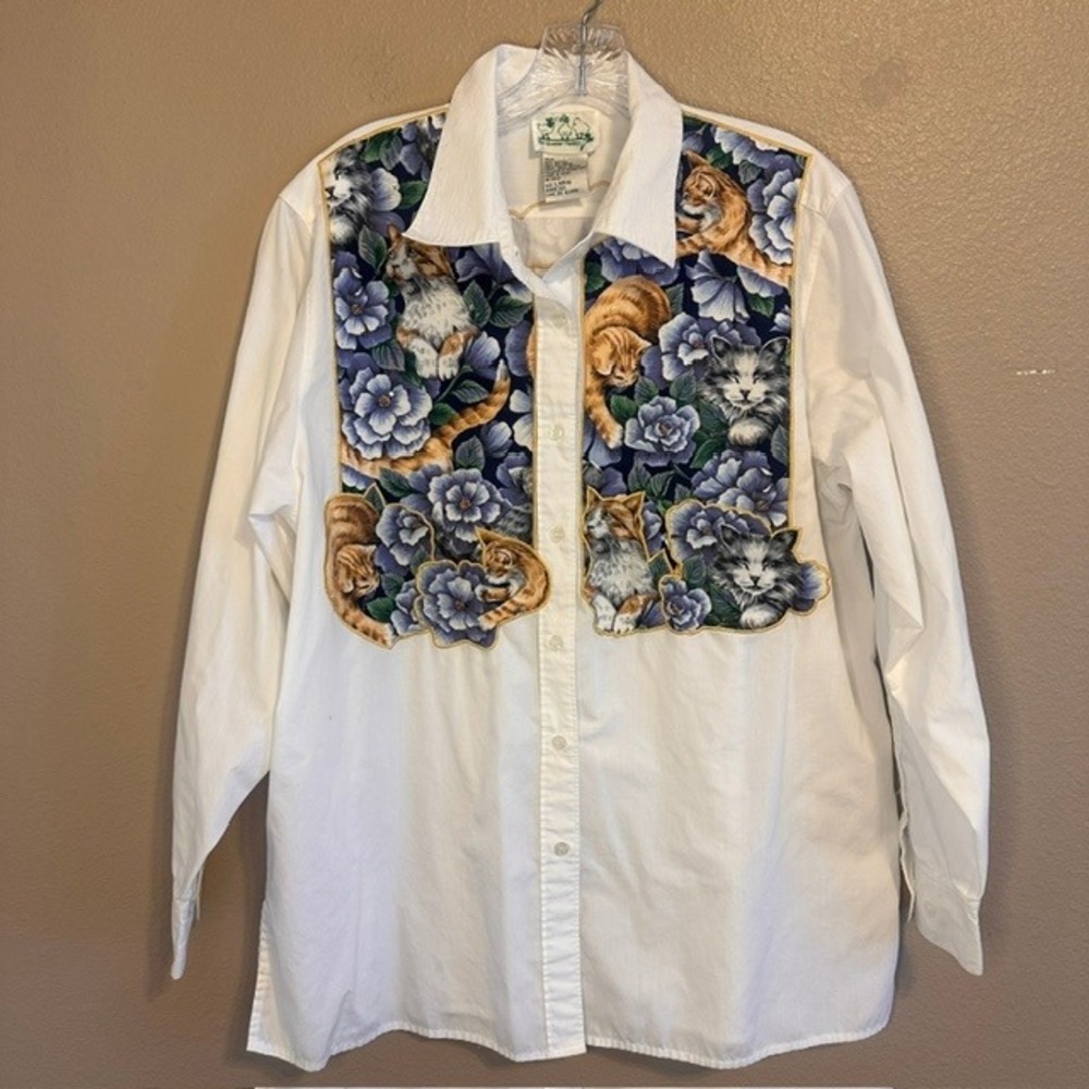 The Quacker Factory Vintage Women's Cats Button Up Long Sleeve Shirt Blouse LG